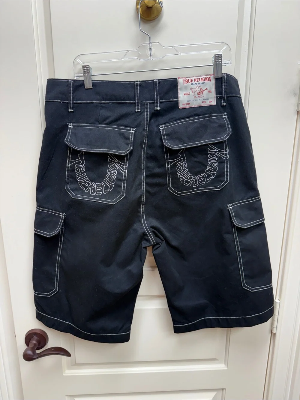 True Religion Black Cargo Shorts with White Contrast Stitching